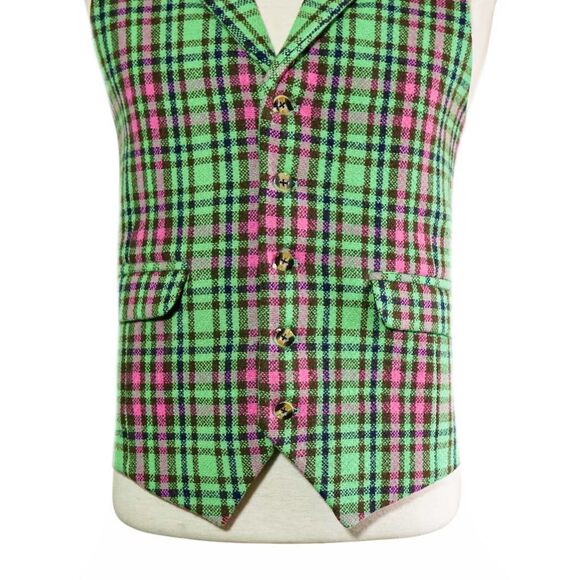 Mens 46R Green Pink Plaid Lambswool Vest Waistcoat Wedding Party Formal Casual - Picture 4 of 8